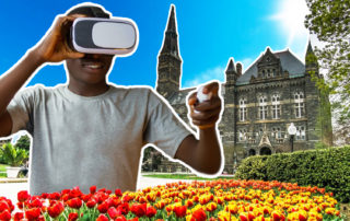 student using vr headset for virtual tour of georgetown university campus